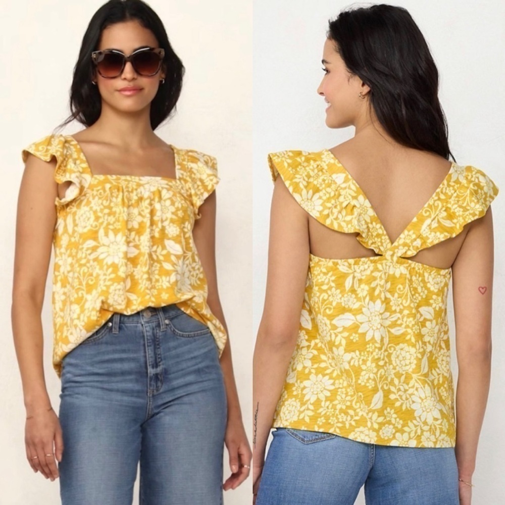 LC Lauren Conrad Floral Ruffled Sleeve Top l SIZE S